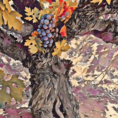 Close-up of a grapevine with ripe purple grapes and colorful autumn leaves in Lodi, California.