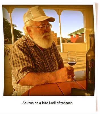 Elderly man with a beard and glasses enjoying a glass of red wine outdoors in Lodi, California.