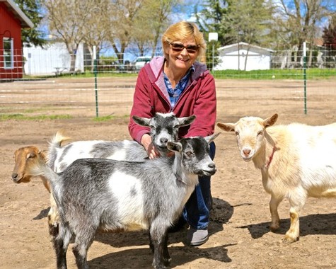 Smiling woman with goats at a farm, enjoying outdoor activity in Lodi, California.