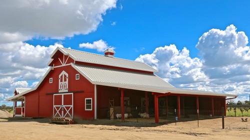 Red barn on a vineyard with blue sky and clouds, representing Lodi Winegrape Commission.