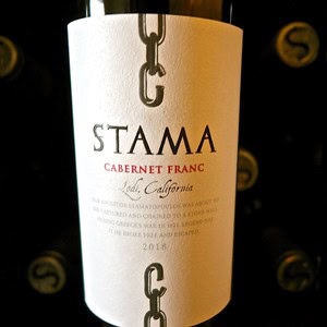 Close-up of Stama Cabernet Franc wine bottle label from Lodi, California, showcasing the wine's origin and vintage.