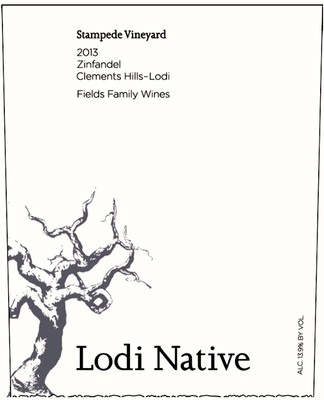 Wine label for Stampede Vineyard 2013 Zinfandel from Lodi Native, featuring a tree illustration and vineyard details.