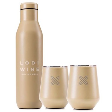 Lodi Wine bottle with two matching glasses, showcasing California wine culture and elegant design.