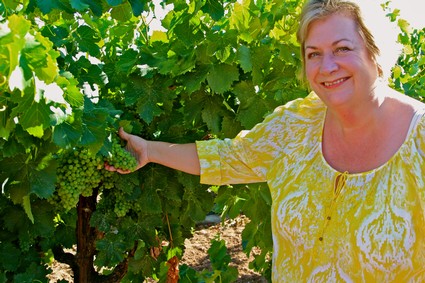 Woman in yellow blouse inspecting grapevine in Lodi vineyard for wine production.