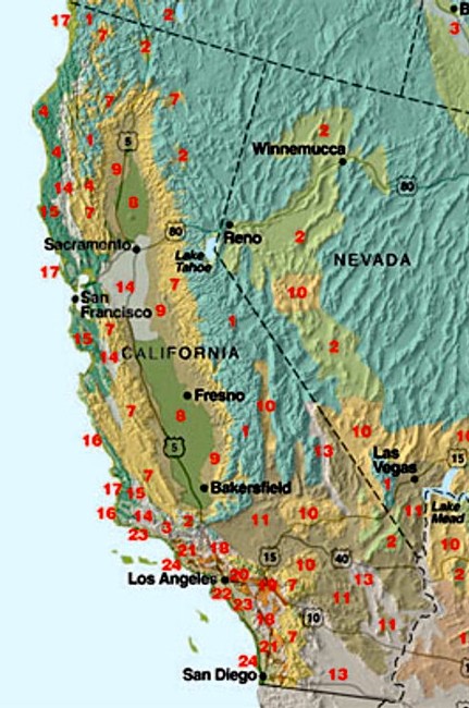 Detailed map showing California and Nevada with wine regions and major cities for wine tourism.