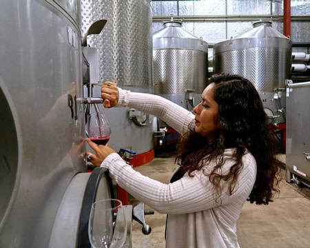 Woman inspecting wine in stainless steel fermentation tank at Lodi Winegrape Commission.