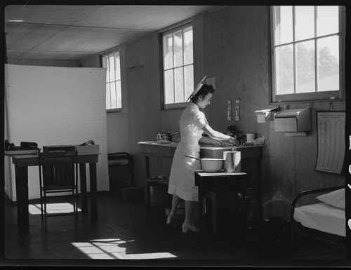 Black and white photo of a woman working in a laboratory with large windows and vintage equipment.