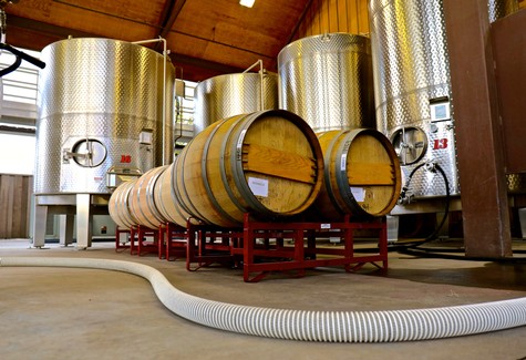 Wine fermentation tanks and barrels at Lodi Winegrape Commission winery facility.