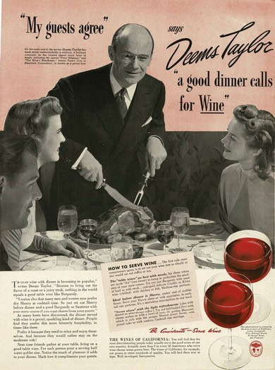 Vintage advertisement featuring Deems Taylor promoting wine with a dinner scene and glasses of red wine.