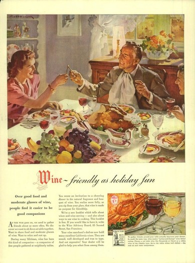 Vintage holiday dinner scene with a couple enjoying wine and food at a festive table.