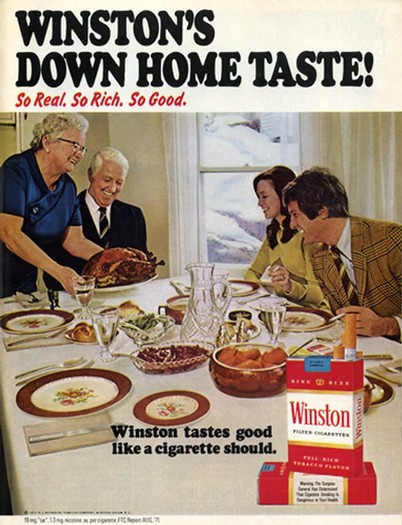 Vintage Winston cigarette ad with family enjoying a meal and Winston cigarettes on the table.