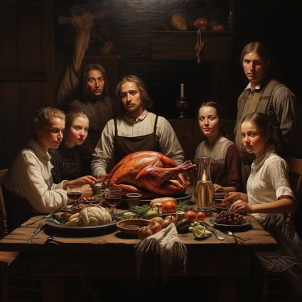 Family gathered around a table with a roasted turkey, vegetables, and wine, celebrating a traditional meal in a cozy, rustic.