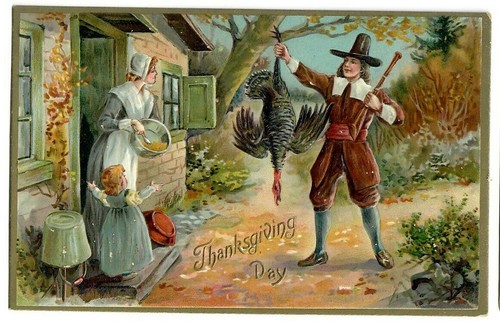 Vintage Thanksgiving Day illustration with Pilgrim and Native American characters.