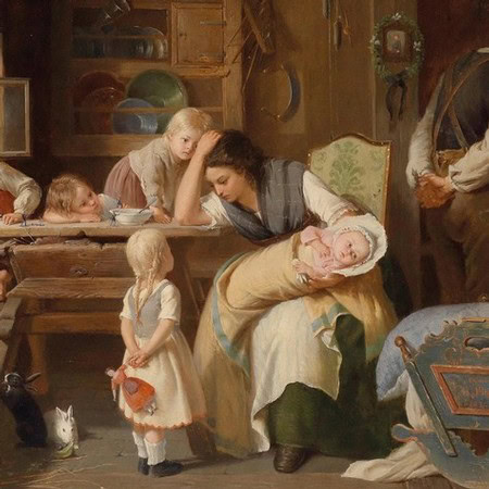 Painting of a woman and children in a rustic setting, with wine-related items in the background.