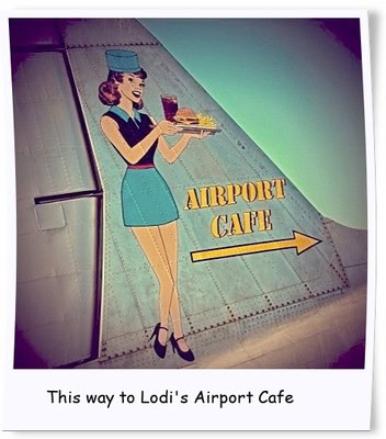 Vintage-style illustration of a woman holding a tray with food and drink, pointing towards Lodi's Airport Cafe.