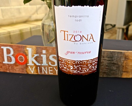 Close-up of Tizona 2014 Gran Reserva Tempranillo wine bottle from Lodi, California.