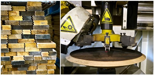 Lodi Winegrape Commission logo and woodworking machinery in a winery.