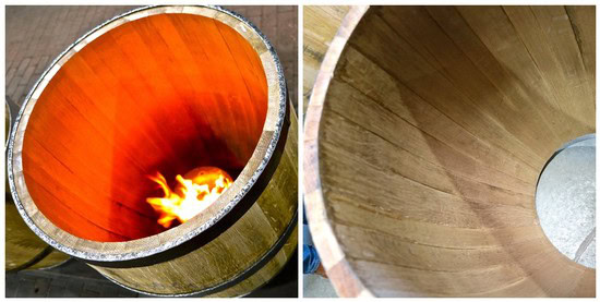 Close-up of wine barrel with fire inside and wooden interior view.
