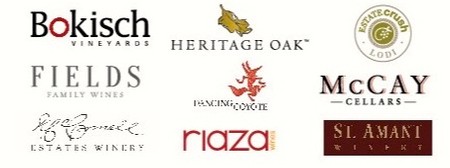 Collection of logos from Lodi Winegrape Commission and local wineries for wine industry branding.