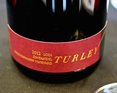 Close-up of a wine bottle label for Turley Zinfandel 2012 from Lodi Winegrape Commission.