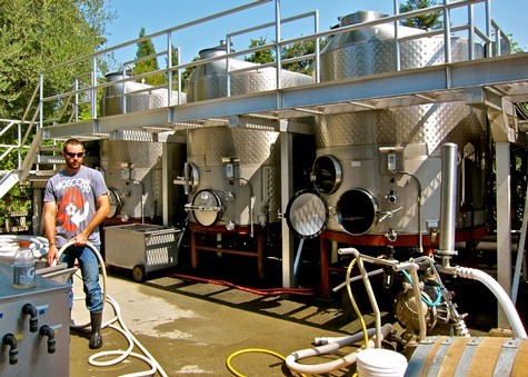 Winery fermentation tanks at Lodi Winegrape Commission with a person in front for scale.