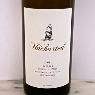 Uncharted Bacchus wine bottle from Mokelumne Glen Vineyard in Lodi, California, vintage 2016, varietal selection.
