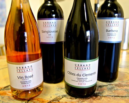 Assorted Lodi wine bottles including Vin Rosé, Sangiovese, Côtes du Cléments, and Barbera from 2013 at Urban Cellars.