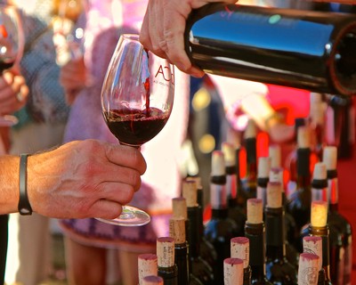 Person pouring red wine into a glass at a wine tasting event with wine bottles in the background.