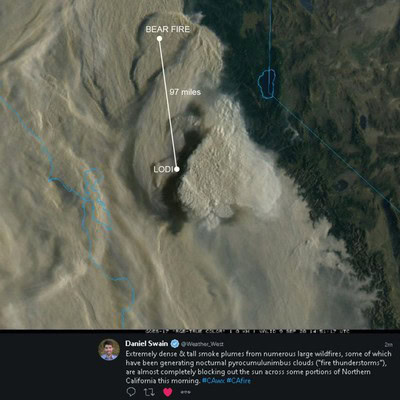 Satellite image showing Bear Fire near Lodi with smoke plume and fire spread details.