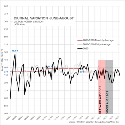 Diurnal temperature variation in Lodi AVA from June to August, showing daily and monthly averages.