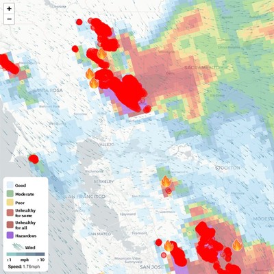 Map showing winegrape growing regions in Lodi, California, with color-coded quality levels and wind data.