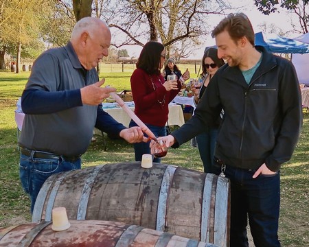 People enjoying wine tasting outdoors at a Lodi Winegrape Commission event with wine barrels and trees in the background.
