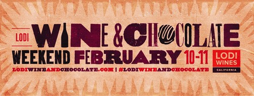 Lodi Wine & Chocolate Weekend event poster featuring wine and chocolate imagery for February 10-11.