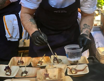 Chef garnishing gourmet appetizers with precision in a professional kitchen setting.