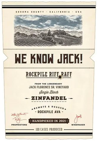 Wine label for Rockpile Riff-Raff Zinfandel from Sonoma County, California, featuring scenic landscape and vintage details.