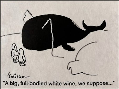Cartoon of a whale with a wine bottle shape, referencing wine and winegrapes in Lodi, California.