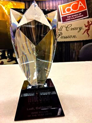 Crystal award trophy for Lodi Winegrape Commission, celebrating excellence in wine production.