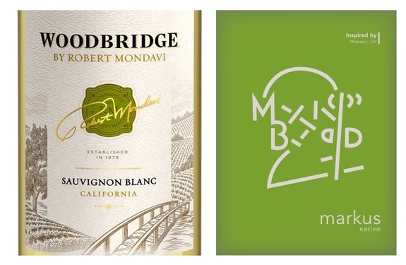 Close-up of two wine labels from Lodi Winegrape Commission showcasing Sauvignon Blanc and Markus Nativo wines.