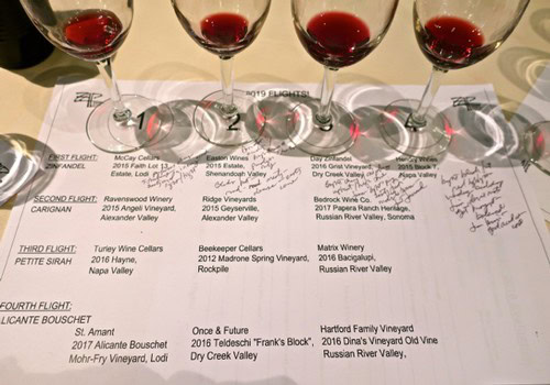 Wine tasting flight with five glasses of red wine and tasting notes from Lodi Winegrape Commission.