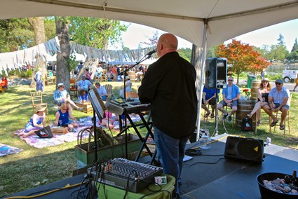 A musician performs at an outdoor event with children and adults enjoying the sunny day in a park setting.