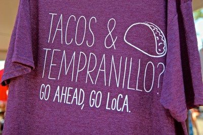 Purple T-shirt with Tacos & Tempranillo? Go Ahead, Go Loca message for wine lovers.