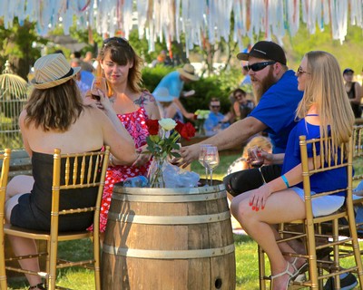 Group of people enjoying outdoor wine tasting at a Lodi Winegrape Commission event with colorful decorations.