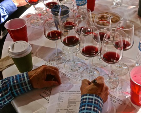Multiple glasses of red wine on a table during a wine tasting event in Lodi, California.