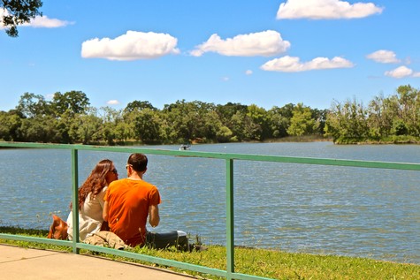 Couple sitting by a lake with a dog, enjoying a sunny day in Lodi, California.