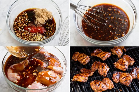 Assorted marinated ingredients and grilled meat on a barbecue grill for cooking and flavoring.