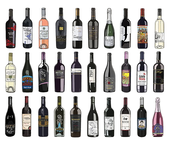 Collection of diverse wine bottles from Lodi Winegrape Commission showcasing variety and quality.