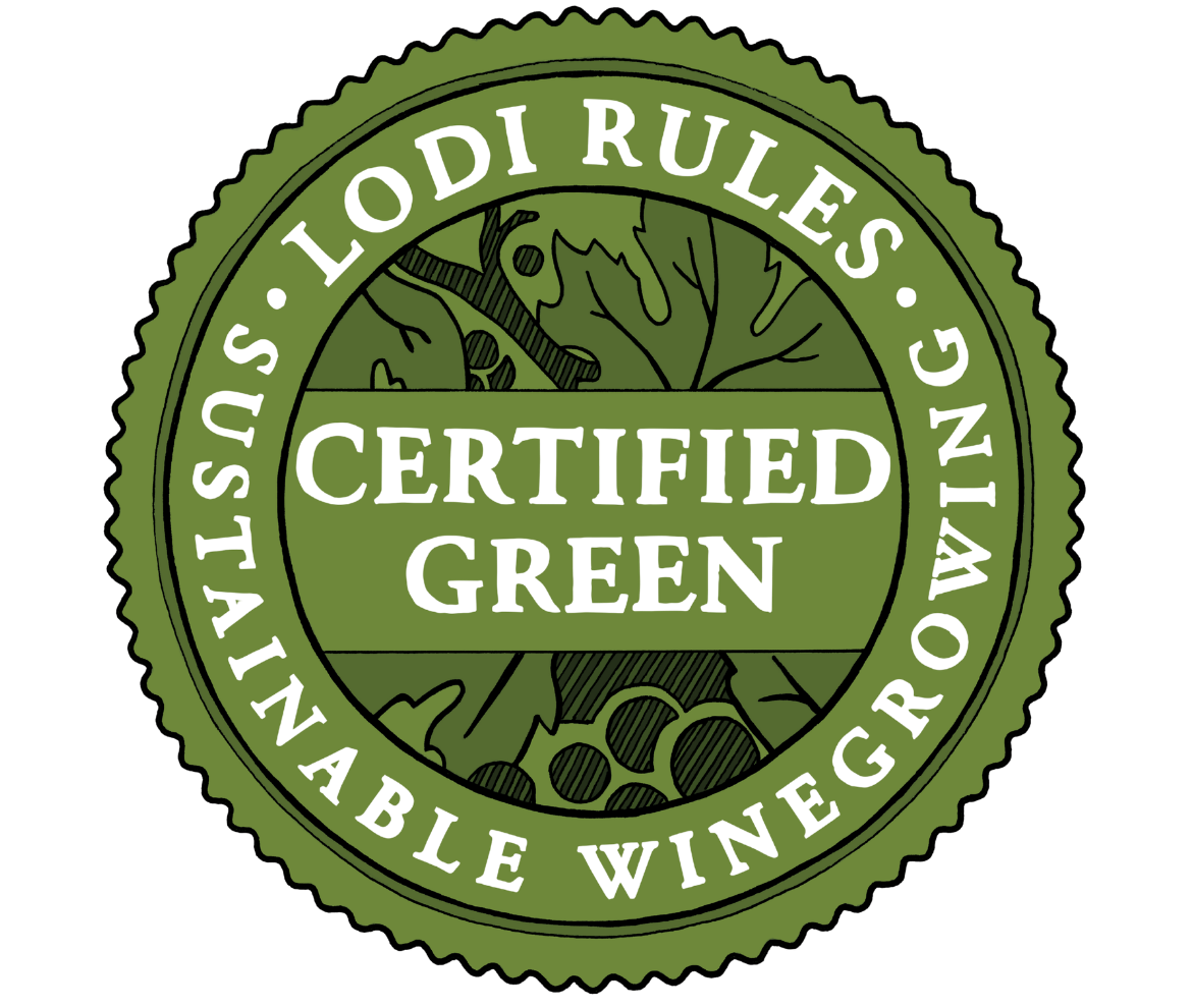 Certified Green wine label from Lodi Winegrape Commission emphasizing sustainability.