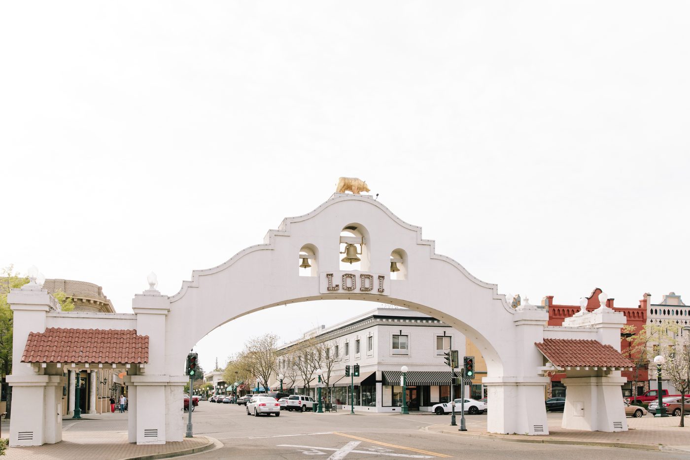 Lodi historic downtown gateway with the Lodi sign and surrounding architecture.